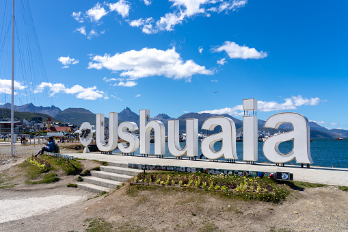Ushuaia, Argentina - January 28, 2023: Usaiahu ground sign is shown, Argentina. Usaiahu is a resort town in Argentina nicknamed the “End of the World.”