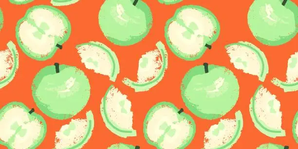 Vector illustration of Abstract seamless pattern with apples and apple slices. Stylized, creative vector hand drawn fruits. Summer background. Shape apple textured printing.