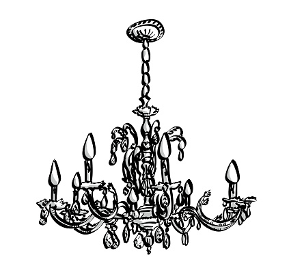 Beautiful crystal chandelier from the late 20th century.  Hand sketched illustration