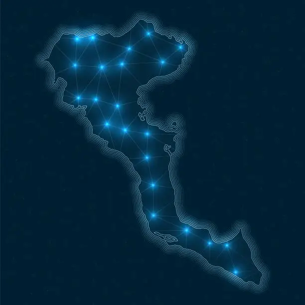 Vector illustration of Corfu network map. Abstract geometric map of the island. Digital connections and telecommunication design. Glowing internet network. Captivating vector illustration.