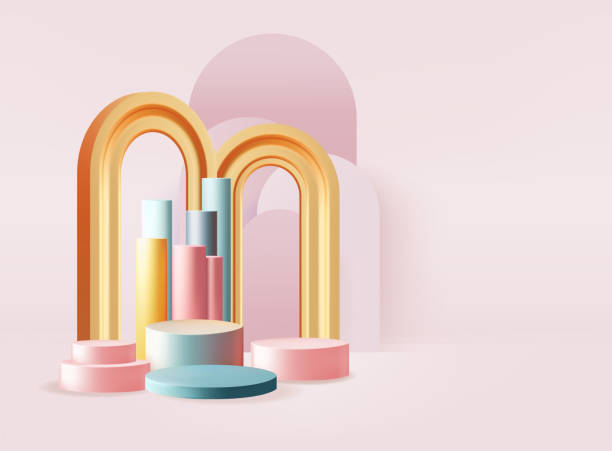 istock product podium set 3D background with pattern scene. Minimal wall scene mockup product stage for showcase, Banner promotion display. Abstract vector geometric 1931061739