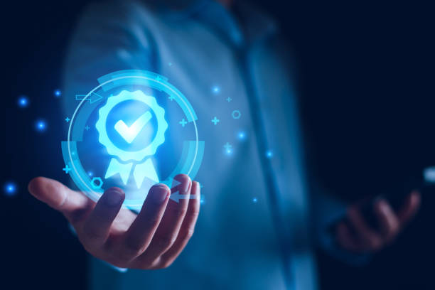 istock Certification and standardization process, iso certified business, conformity to international standards high quality assurance concept. good and premium service, Person touching certificate icon. 1931067472