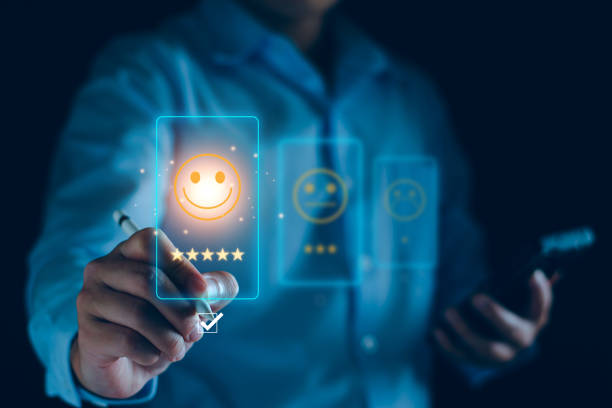 istock Customer service and Satisfaction ,business man giving Feedback satisfaction. five stars Positive Review. Client Satisfaction Surveys, good, five stars, best product and service. Excellence guarantee. 1931068530