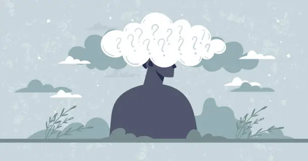 Vector illustration of Concept of depression, problems, trauma. Silhouette of a gloomy man against the backdrop of a sad landscape. Illustration about psychological help, midlife crisis. Vector banner about bad mood, problems in personal life and at work.