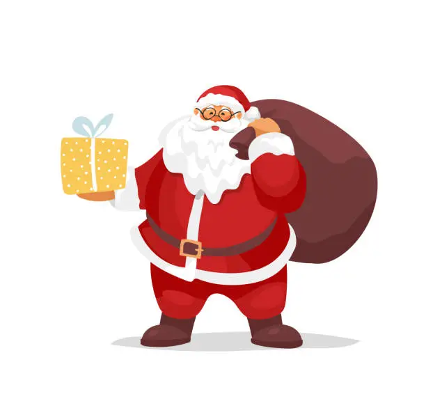 Vector illustration of Santa Claus stands with a big sack and a gift box in his hand. Flat cartoon vector design for Christmas, New Year sale, holiday card. Character isolated on white background.