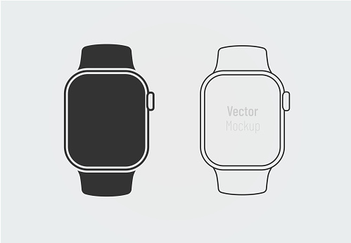 Frontal smart watch mockup templates with black screen and outline design with fully editable vector stroke