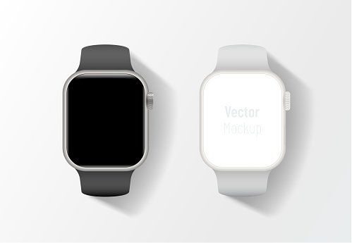 Frontal smart watch mockup templates with black screen and clay design. 3d watch vector mock up.