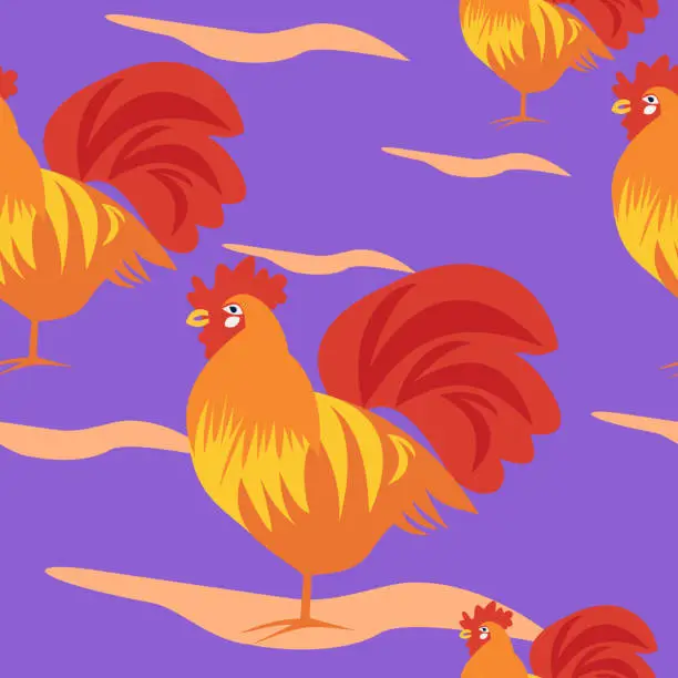 Vector illustration of rooster seamless pattern on purple background