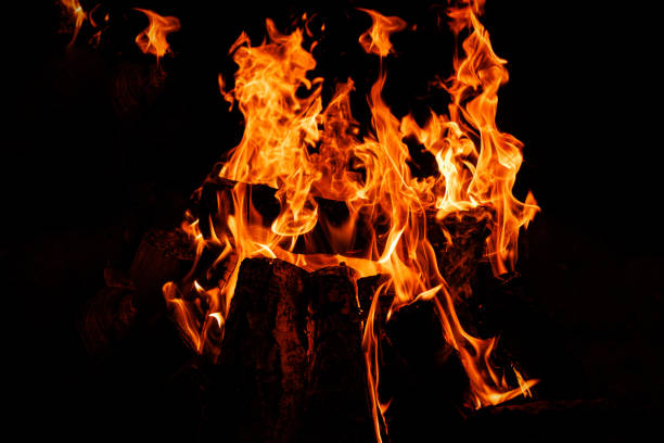 Burning fire with orange flames and dark wood. The warmth and energy of the fire close-up