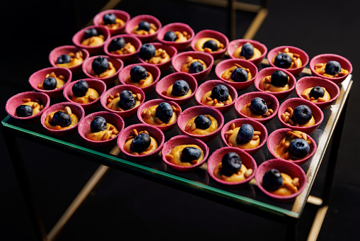 A set of small different snacks. Bite-sized catering canapes