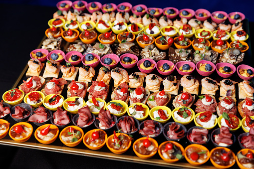 A set of small different snacks. Bite-sized catering canapes