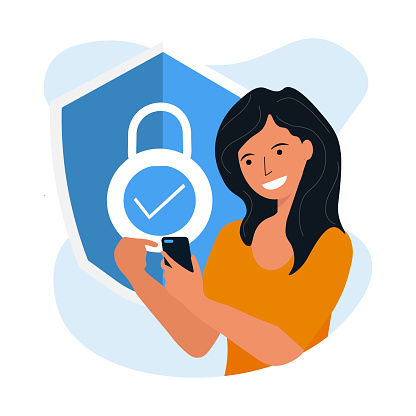 Mobile data protection and security concept vector flat illustration. character with smartphone. Face recognition.