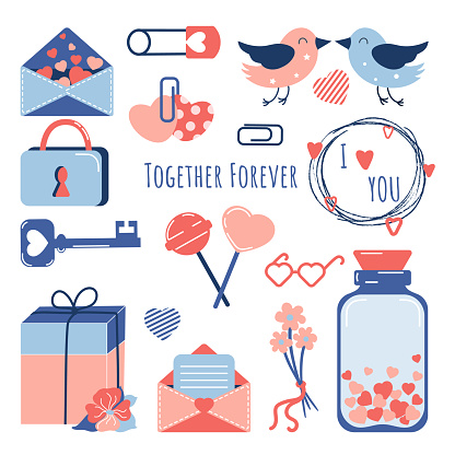 Valentines Day elements set. Different romantic objects. Vector illustration in cartoon style with love symbols. Perfect for banners, cards, invitations.