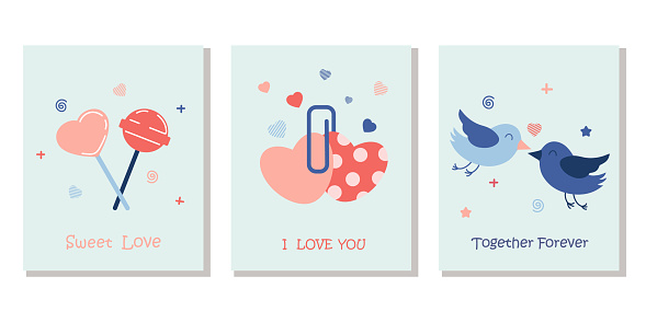 Set of postcards for Valentines Day. Love collection with cards and lettering. Romantic and cute elements in a flat style.