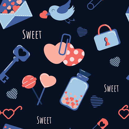 Seamless pattern for Valentines Day in a romantic style. Vector pattern with colored elements symbols of love and romance.