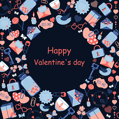 Illustration for Valentines Day, greeting card on Dark Background. Romantic and cute elements in a flat style. Perfect for Valentines day, stickers, birthday, save the date invitation.