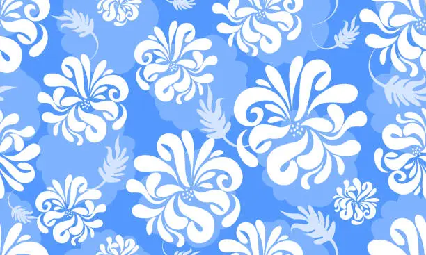 Vector illustration of elegant chrysanthemums and hibiscus flower seamless patterns for wallpapers,textiles,printing on blue background