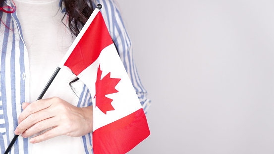 Unrecognized girl student in white blue shirt holding small canadian flag over gray background, Canada day, holiday, vote, immigration, tax, copy space.