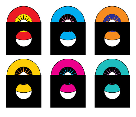 Vector illustration of of six colorfu; 45 rpm records on a white background.