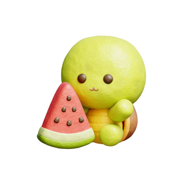 3D cute turtle with watermelon, cartoon animal character, 3D rendering.