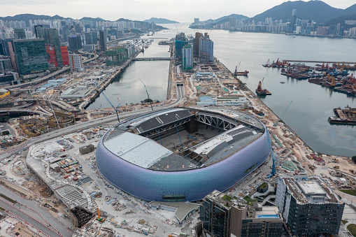 2024 Jan 14,Hong Kong.Aerial view of Kai Tak Sports Park under construction - main venue