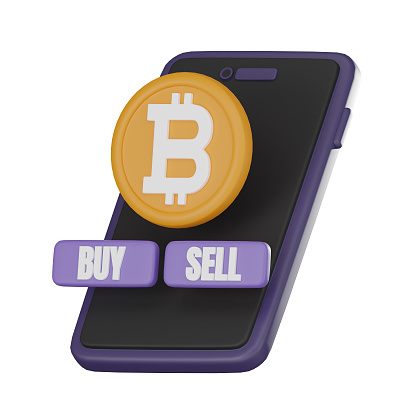 Smartphone with Bitcoin buy and sell buttons symbolizes ease cryptocurrency trading on mobile devices. use presentations, marketing materials, related cryptocurrency. 3D render illustration.