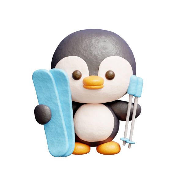 3D cute penguin with ski, cartoon animal character, 3D rendering.