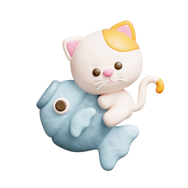 3D cute cat with fish, cartoon animal character, 3D rendering.
