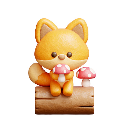 3D cute fox with mushroom, cartoon animal character, 3D rendering.