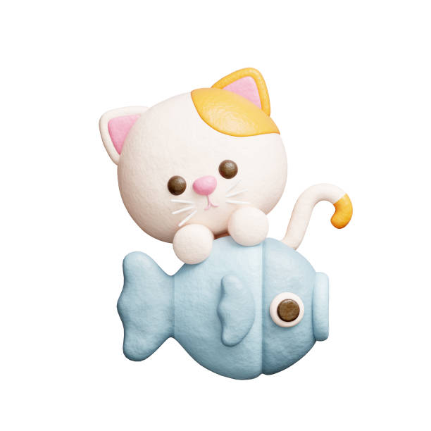 istock 3D cute cat with fish, cartoon animal character, 3D rendering. 1931425371