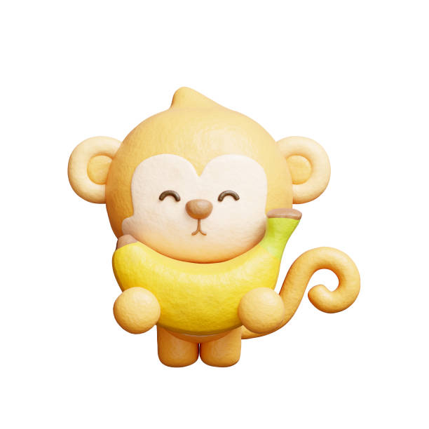 3D cute monkey with banana, cartoon animal character, 3D rendering.