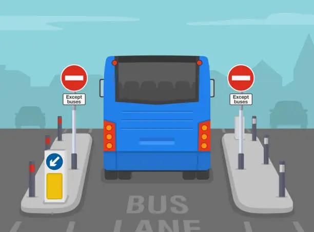 Vector illustration of Traffic regulation tips and rules. Keep left, no vehicles except buses sign. Back view of a bus moving through traffic island. Vector illustration template.
