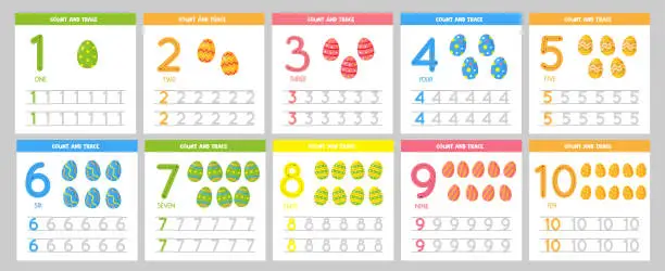 Vector illustration of Set of number tracing flashcards with cute Easter eggs.