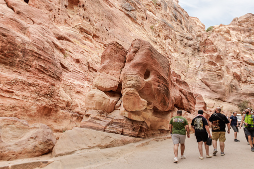 Wadi Musa, Jordan, October 05, 2023 : A large piece of rock shaped like an elephant at beginning of route of the gorge Al Siq in Petra in Wadi Musa city in Jordan