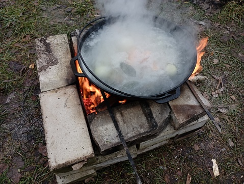 A place for cooking outside on the hearth is laid out of white brick, on which stands a cauldron with a fish ear. Resting and cooking outside.