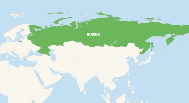 World Map Zoom In To Russia. Animation in 4K Video. Green Russia Territory On Blue and White World Map