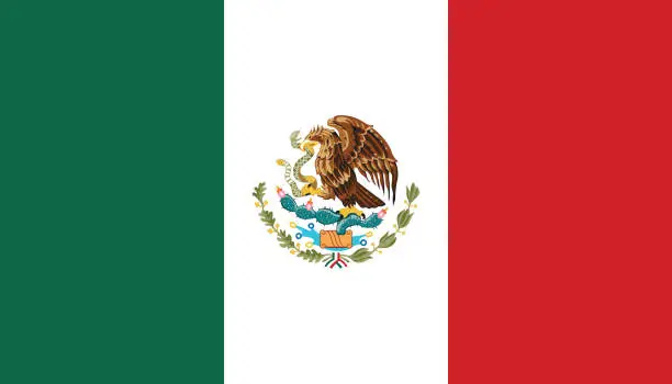 Vector illustration of Mexico flag. Flag icon. Standard color. Standard size. A rectangular flag. Computer illustration. Digital illustration. Vector illustration.