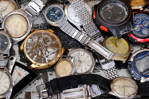 22 December 2023: Vintage old wrist watches, Close up photos of used watches being sold on the side of the road, Antique watches, clocks.