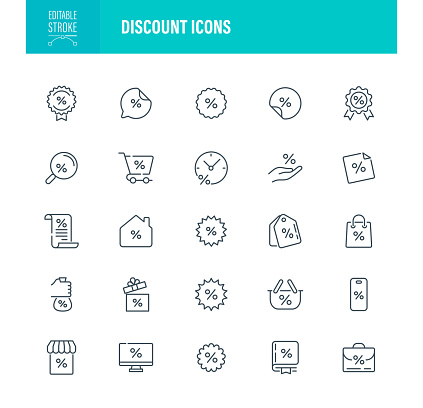 Discount Icon Set Editable Stroke. For Mobile and Web. Contains such icons as Symbol, Marketing, Promotion - Employment, Percentage Sign, lack Friday, Discounts, Best Price, Home Shopping