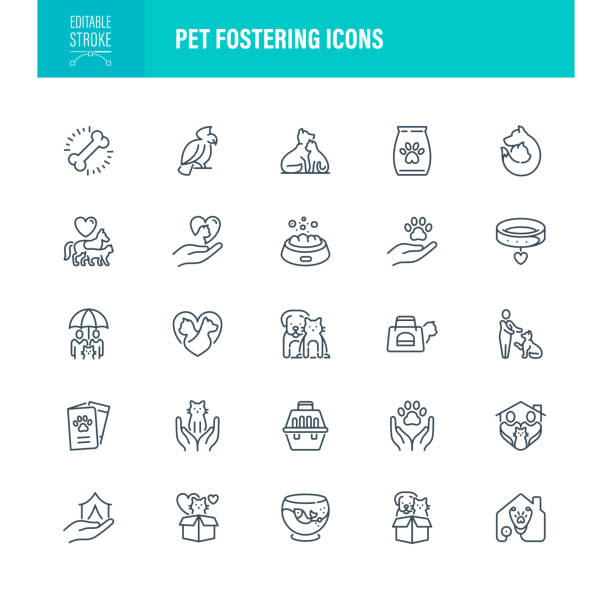 Pet Fostering Icons Editable Stroke Pet Care and Fostering Icon Set Editable Stroke. For Mobile and Web. Contains such icons as Dog, Doctor, Veterinarian, Grooming, Pet Food, Domestic Cat insurance pets dog doctor stock illustrations