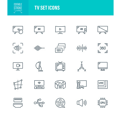 TV Set Icon Editable Stroke. For Mobile and Web. Contains such icons as Business, Technology, The Media, Television Set, Remote Control, Smart TV, Home Cinema