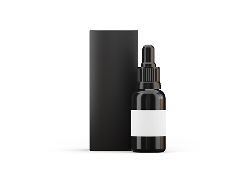 Blank dropper serum bottle with white label, and black box template