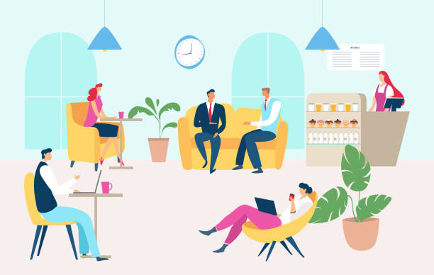 Working people dining time in company cafe, vector illustration. Cafeteria for employees, man woman people relax at couch Working people dining time in company cafe, vector illustration. Cafeteria for employees, man woman people relax at couch and armchair with laptop and coffee. Break time, counter with snack. meeting at cafe stock illustrations