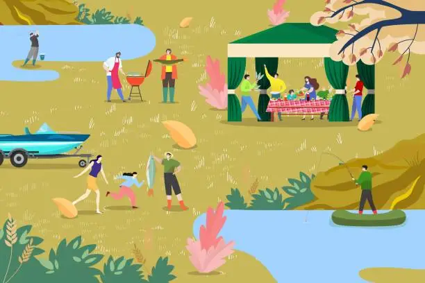 Vector illustration of Fishing people in boat, outdoor activity vector illustration. Family picnic near water pond lake, recreation at nature. Man woman