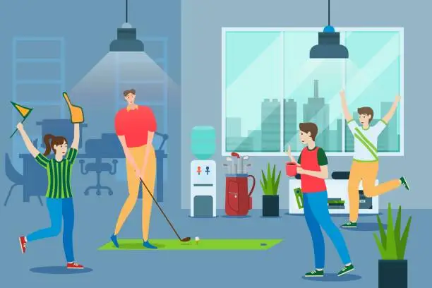 Vector illustration of Worker people play golf at office, vector illustration. Fun active game indoor at brak time, recreation. Woman man character