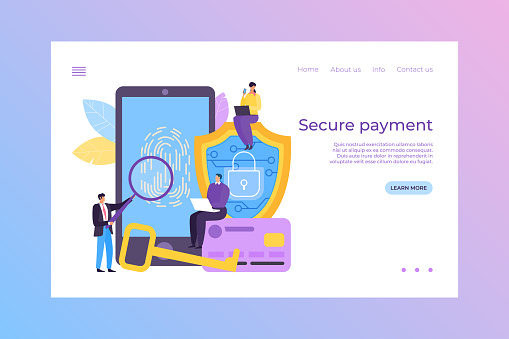 Secure payment in mobile bank, landing vector illustration. Safety data in application, pay by fingerprint technology. Digital security protection. People character near large smartphone, web page.