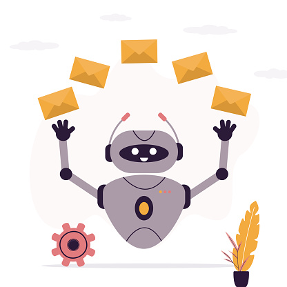 Robot or spam bot juggles yellow envelopes. Email management, mail targeting and promotion, email processing, data prioritization, email communication technology and message sending. Spam mailing.