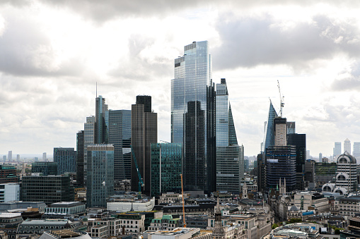 Aerial view of modern buildings and skyscrapers of Londons financial and business district - London, England, UK - one of the worlds financial capitals