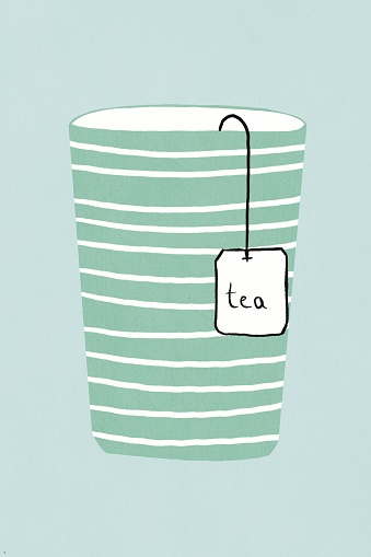 Stylized drawing of a striped tea cup with a tea bag on a light blue background