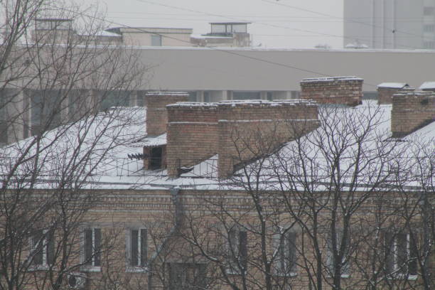 Roofs and chimneys covered with snow in the winter